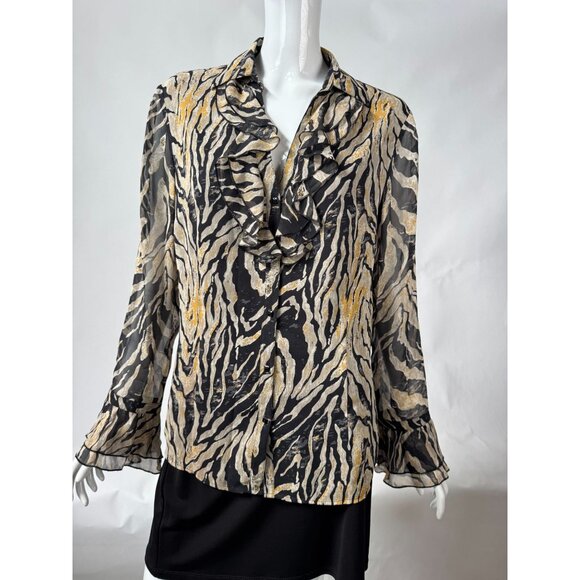 Coldwater Creek M Zebra Silk Print Ruffled Blouse Lined - Picture 12 of 16